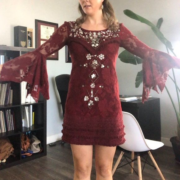 Free People Red Boho Sequin Ruffle Dress - Picture 10 of 16